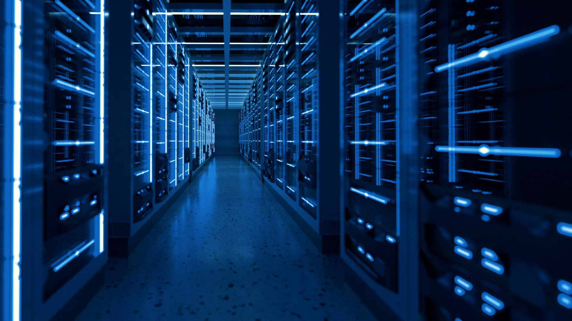 Darkened data racks corridor with blue and white lights