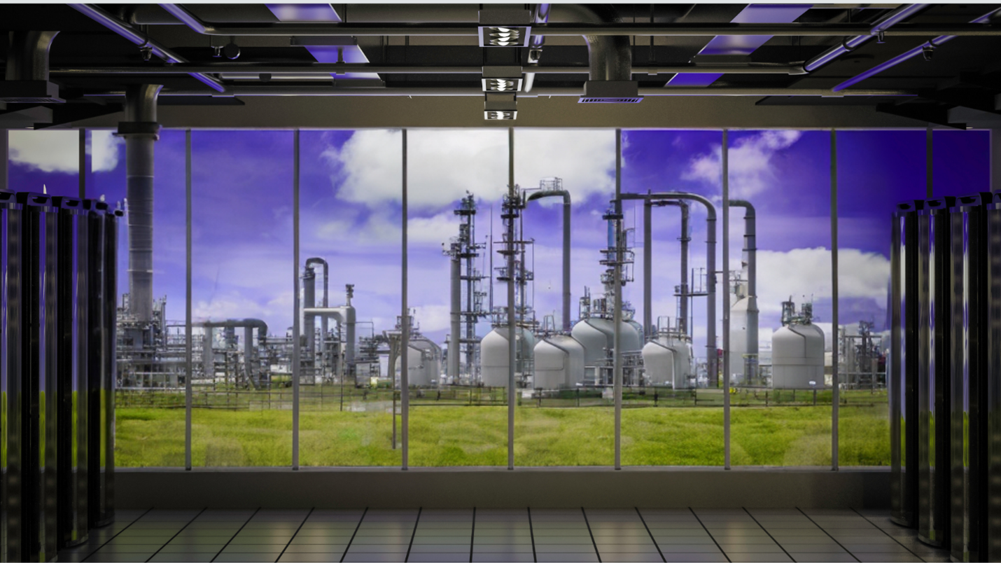 An energy production plant shown through a window with a purple sky