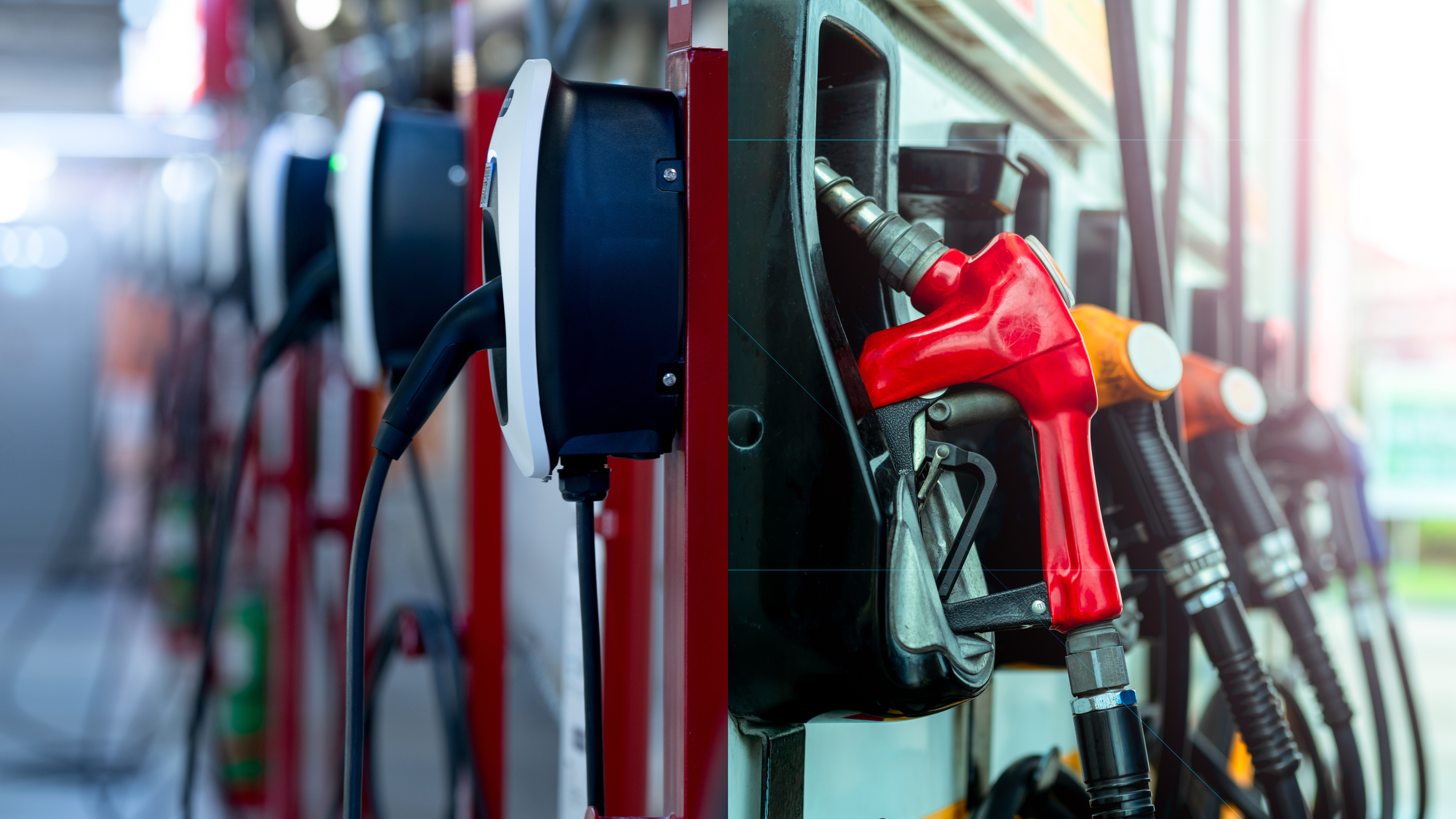 Electric vehicle chargers next to gasoline pumps