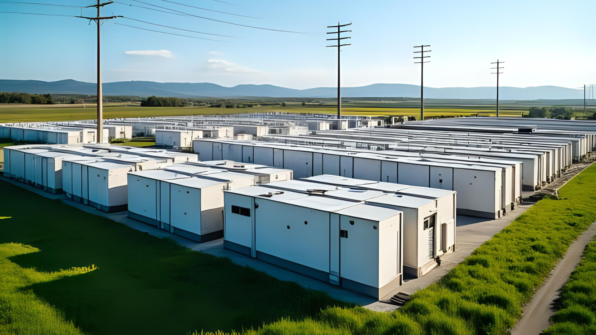 Utility scale batteries with transmission lines in the background. This image was generated with AI
