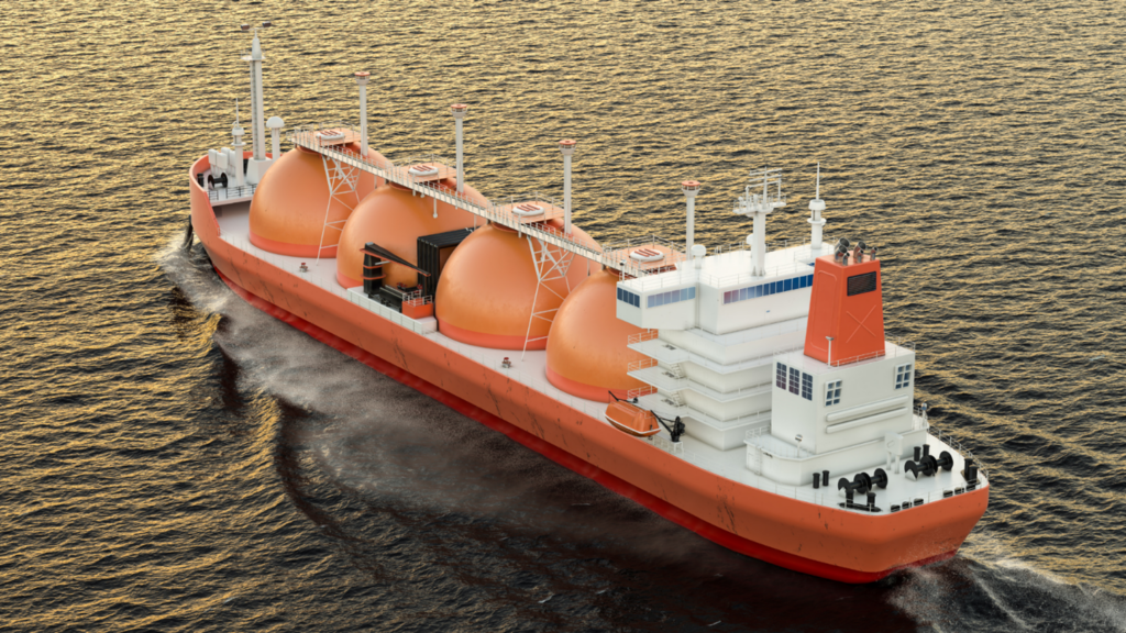 LNG transportation ship with orange tanks