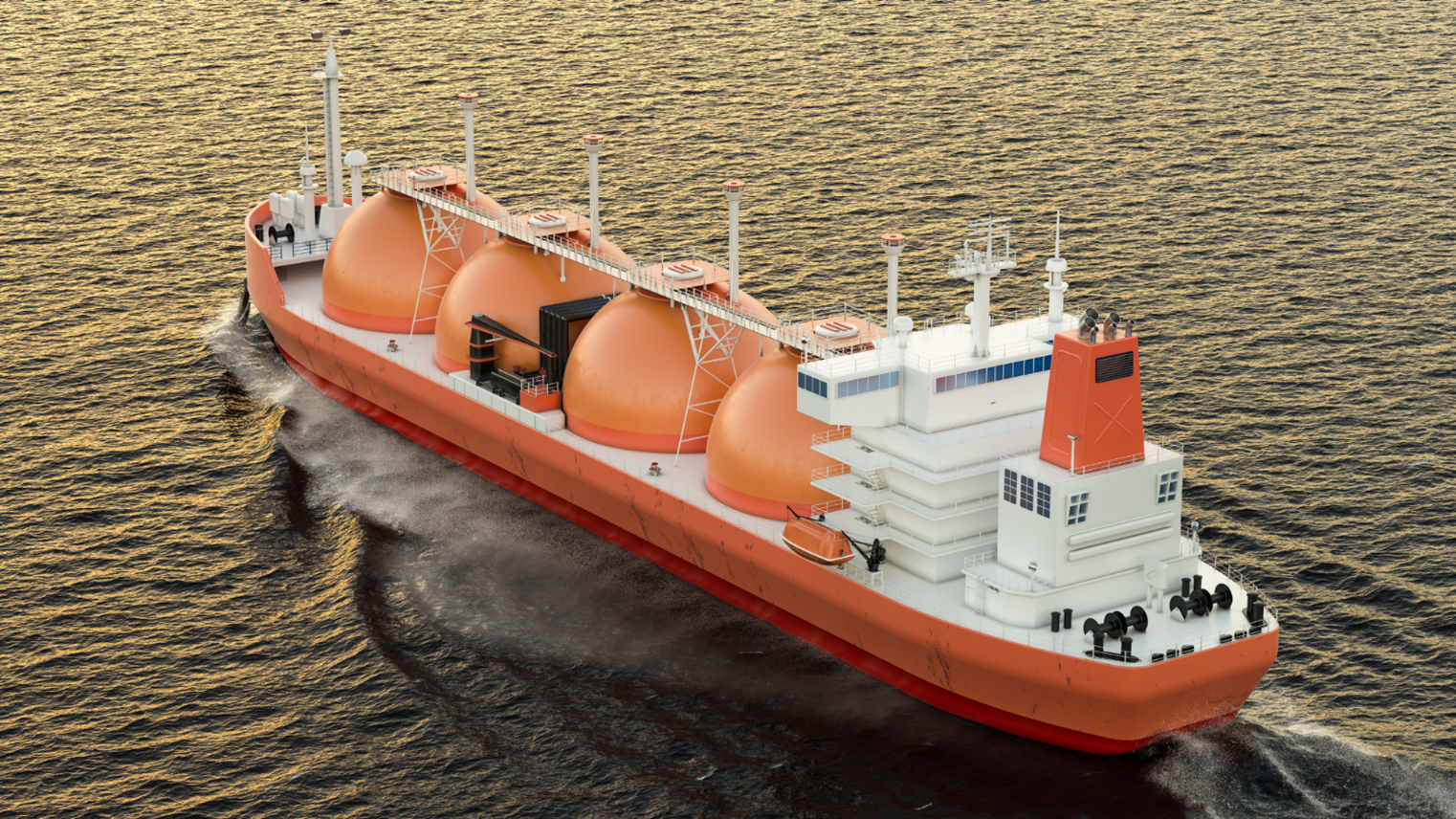 LNG transportation ship with orange tanks