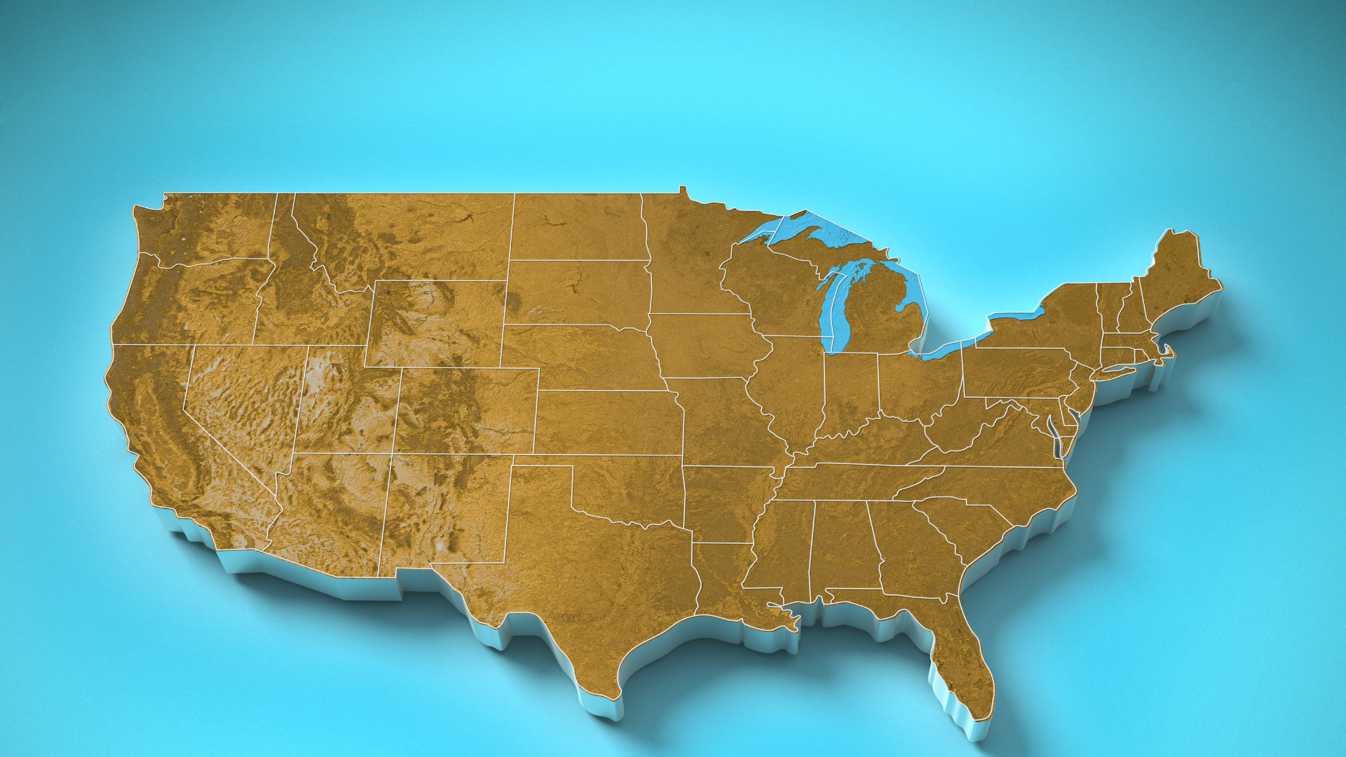 Map of the United States over a bright blue background